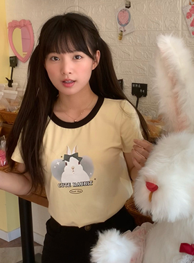 healcwon/原创圆领可爱蝴蝶结印花兔子正肩短袖卡通T恤上衣百搭