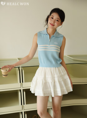 healcwon原创学院风冰丝蓝色针织无袖背心女夏小个子显瘦上衣韩系