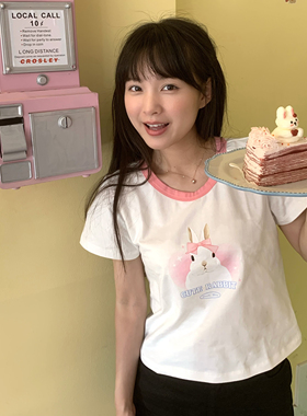 healcwon/原创纯棉加厚夏季印花可爱粉色蝴蝶结兔子正肩短袖T恤