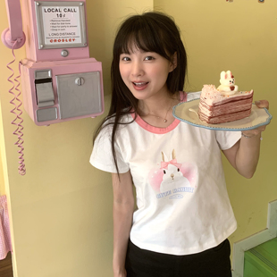 T恤 印花可爱粉色蝴蝶结兔子正肩短袖 healcwon 原创纯棉加厚夏季