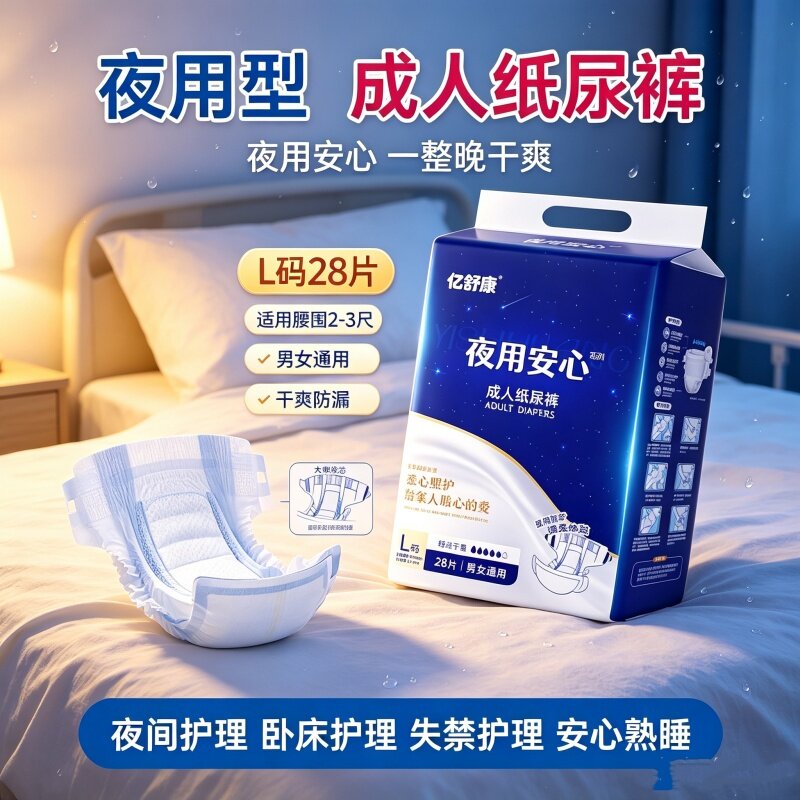 亿舒康双层导流整夜防漏成人纸尿裤L码老人男女28片尿不湿弹力腰