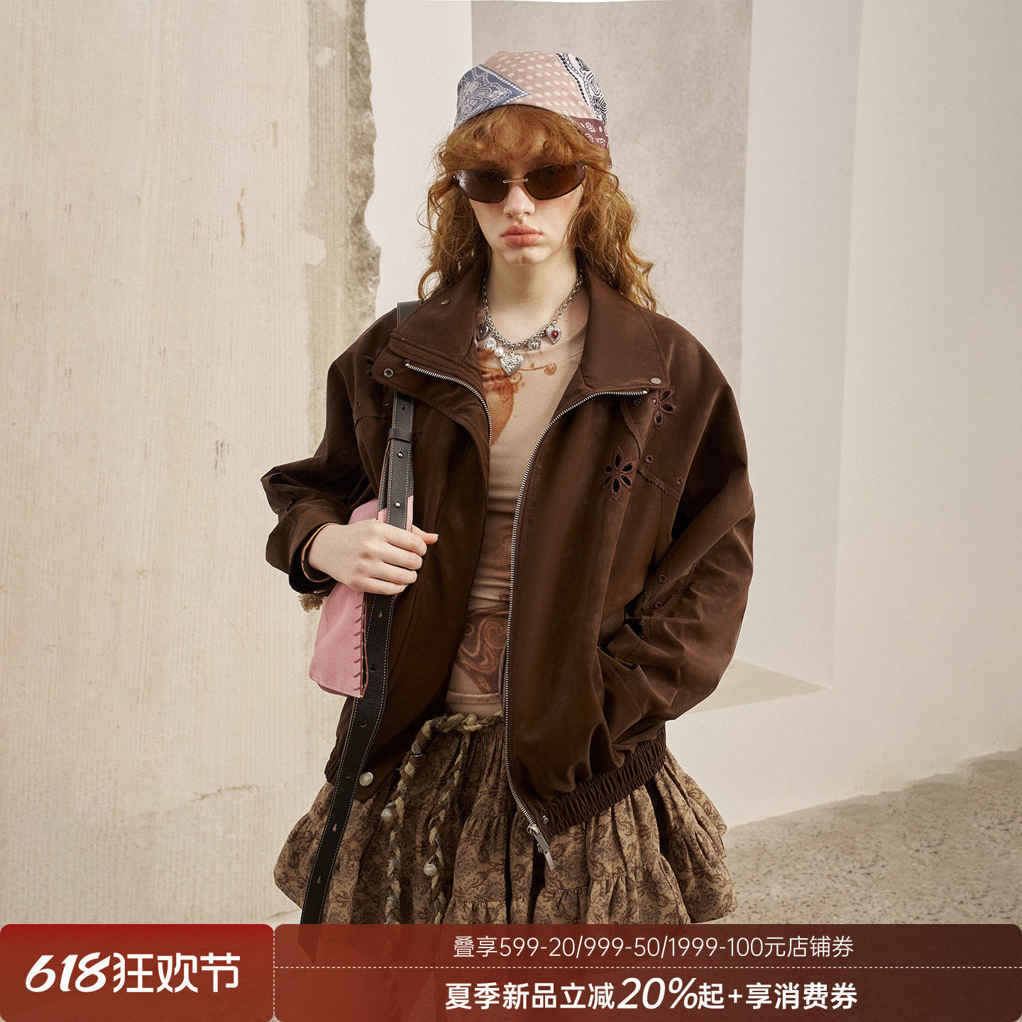 DIDDIMODA 镂空绣花挺括立领宽松长袖夹克皮衣外套女2025秋季新款