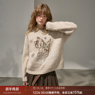 套头衫 毛衣刺绣可爱针织衫 玩毛球小猫圆领宽松长袖 DIDDIMODA
