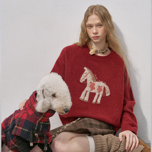 DIDDIMODA 花漾小马套头马年红色节日毛衣女绒感宽松套头针织衫