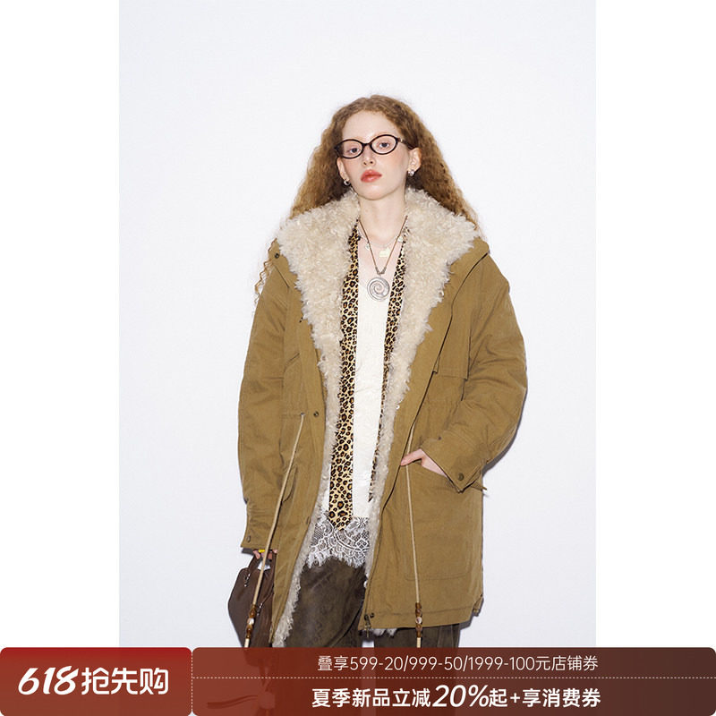 DIDDIMODA 宽松休闲百搭简约舒适长款毛领派克服棉服女款冬季