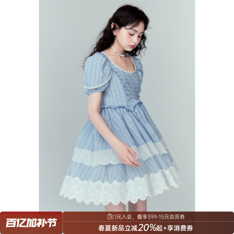 DIDDI 原创设计 假两件花瓣袖白色清纯连衣裙层次感花边公主裙