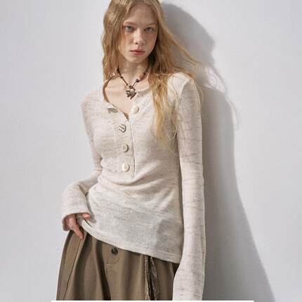 DIDDI MODA宽门襟亨利领亮片针织打底衫新款宽松女士秋冬加厚毛衣