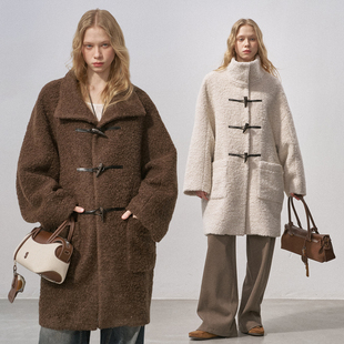 DIDDIMODA 牛角立领圈圈绒呢大衣女中长款保暖翻领毛呢大衣