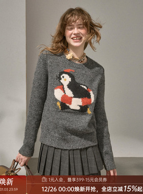 IDDIMODA复古泳圈企鹅提花修身简介高级感冬季圆领针织毛衣女
