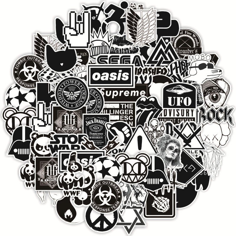 60张卡通个性黑白涂鸦logo潮牌防水装饰贴画吉他平板笔记本手账滑板车