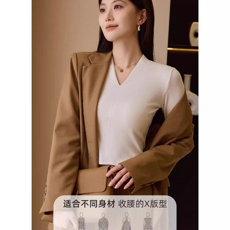 气质深v领打底衫女修身显瘦显瘦长袖打底K上衣女士内搭贴身针织衫