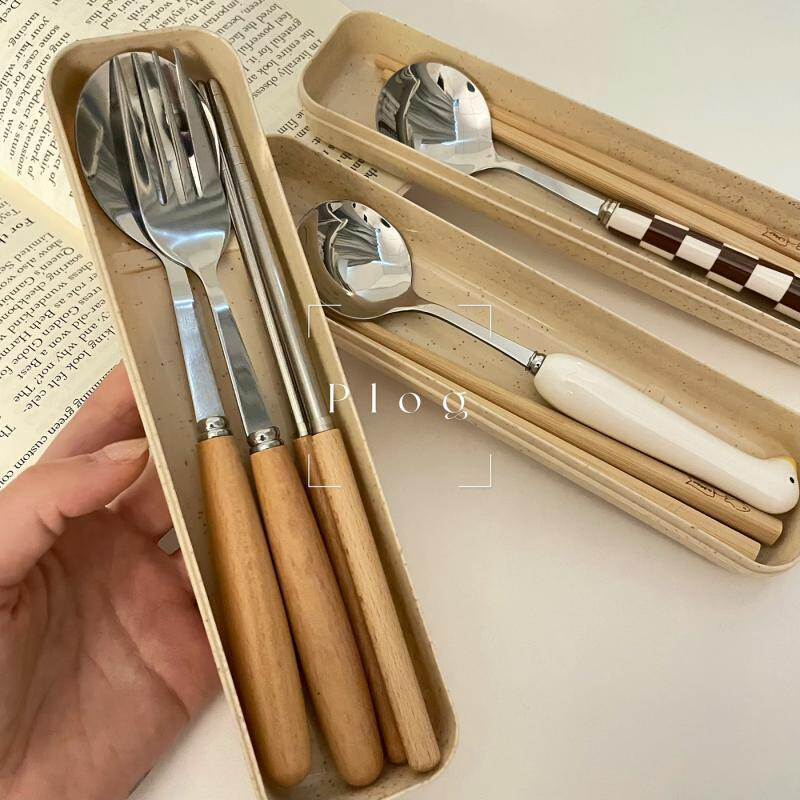 网红ins木质勺子筷子叉子餐具套装便携收纳盒儿童不锈钢三件套高