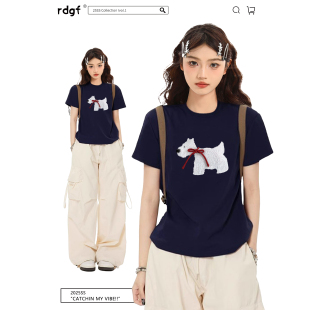 t恤女夏季 美式 藏蓝色短袖 2025新款 上衣 甜辣jazz修身 正肩圆领短款