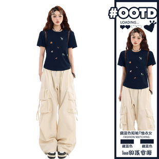 t恤女夏季 美式 藏蓝色短袖 新款 上衣 小众甜辣jazz修身 圆领正肩短款