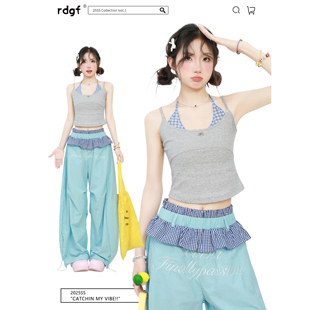 挂脖上衣 吊带背心女夏外穿2025新款 灰色复古辣妹无袖 露肩修身 短款