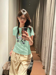 薄荷绿正肩小狗短袖 多巴胺穿搭设计感小众甜辣上衣 t恤女夏季 新款