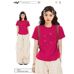 t恤女夏季 多巴胺穿搭美式 火龙果色短袖 新款 上衣 甜辣jazz修身 短款