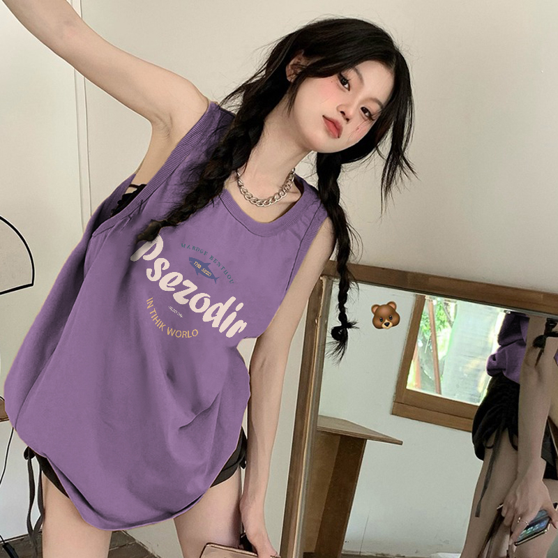紫色背心多巴胺穿搭小众无袖印花