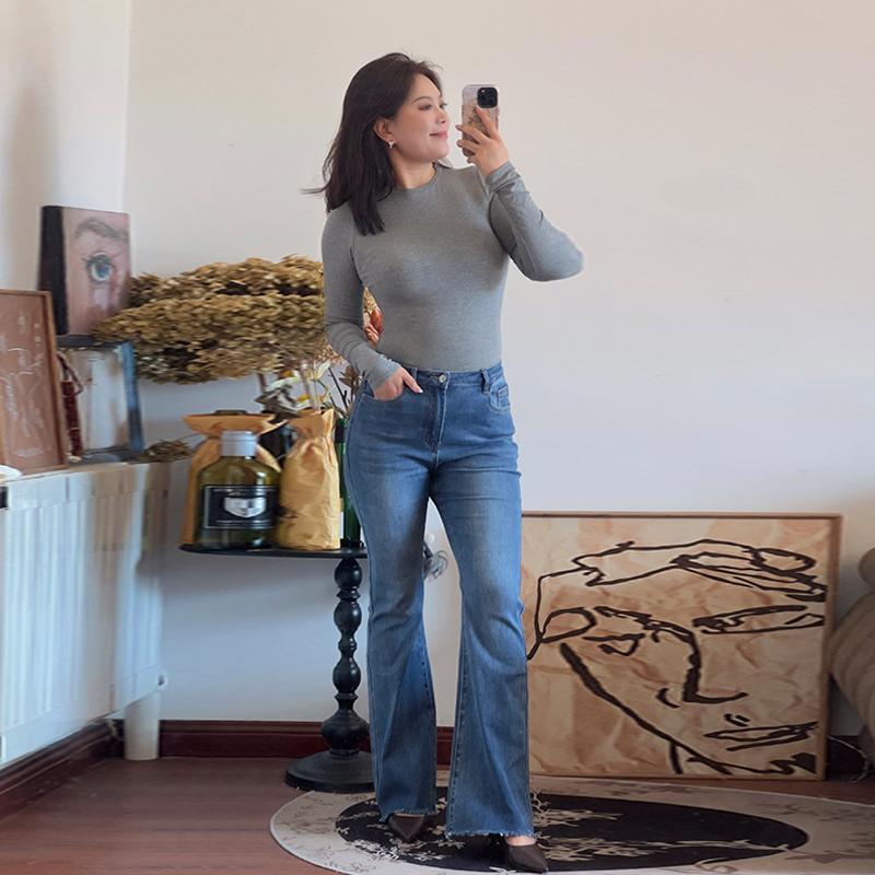 大码女装牛仔裤女2025秋装加肥加大修身微喇裤子弹力显瘦200斤潮