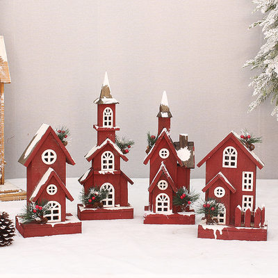 圣诞新品木制杉木红色发光小木屋雪房子节日装饰用品圣诞树下摆件