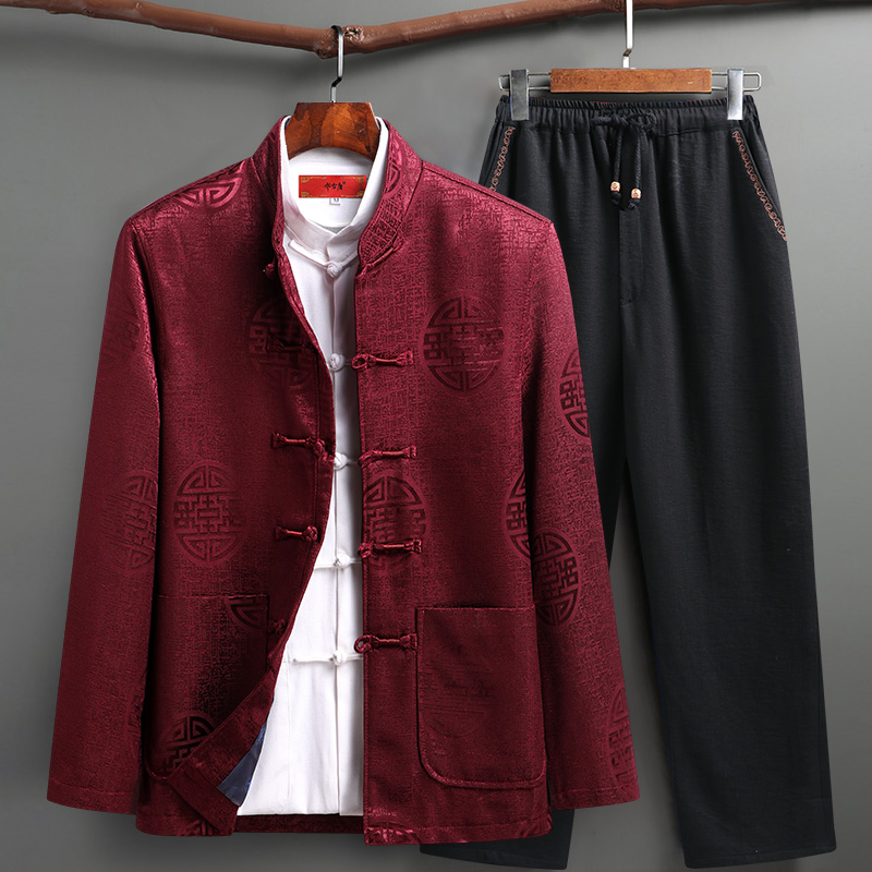 唐装男中老年春秋季爸爸长袖中国风套装老人爷爷衣服过寿生日外套