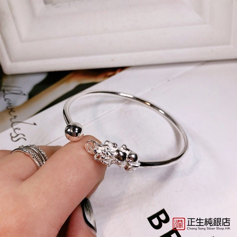 香港正生纯银s999百搭款男女ins风银饰礼物招财钱币貔貅足银手镯