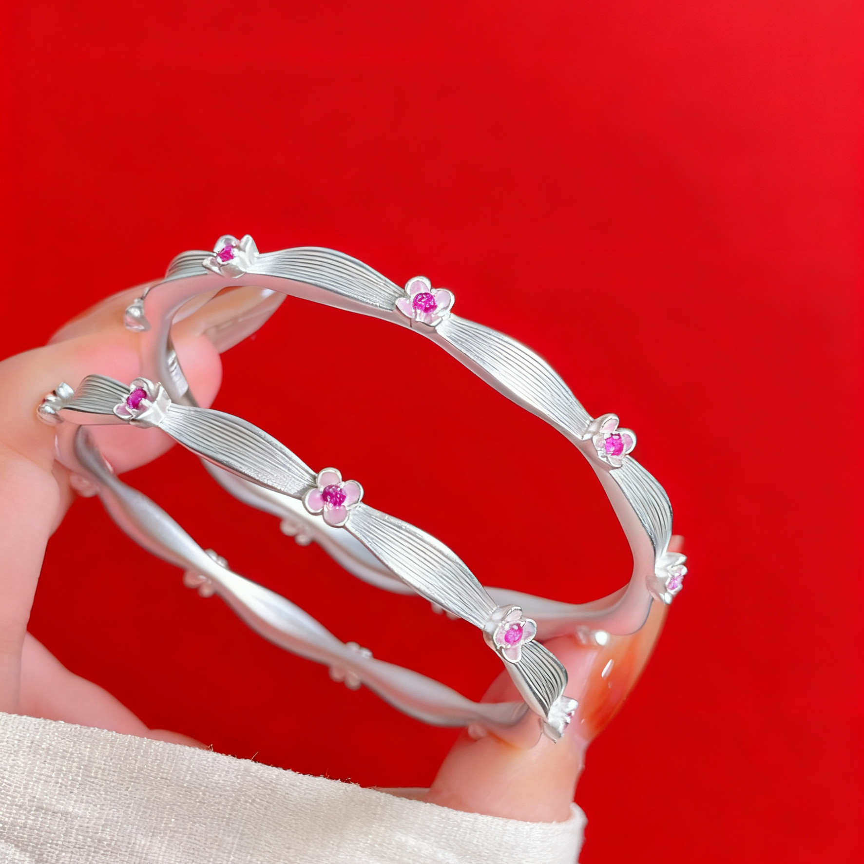 香港正生纯银9999足银新款中式手镯桂花闭口实心国风女孩生日礼物