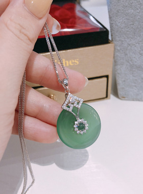 香港正生纯银高冰白冰玉髓吊坠玛瑙银项链纯银平安扣女母亲节送妈