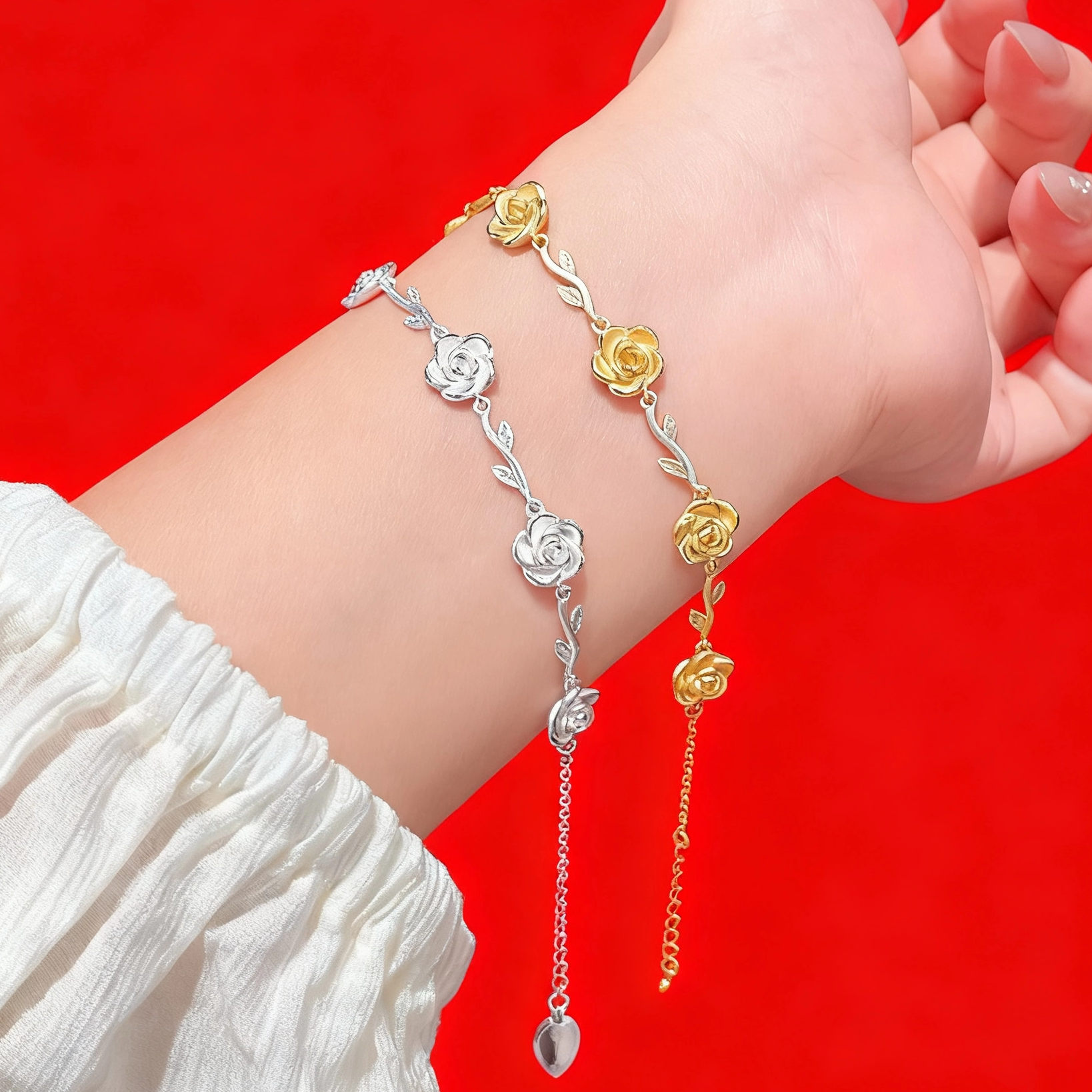 香港正生纯银999足银玫瑰花手镯气质百搭高级七夕情人节礼物银饰