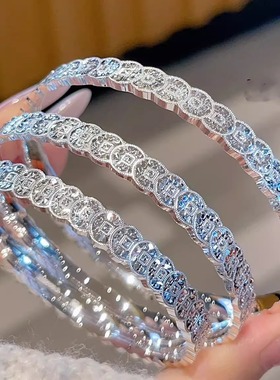 香港正生纯银9999足银铜钱碎冰冰闭口实心手镯送闺蜜老婆新年礼物