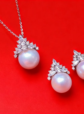 香港正生纯银S925天然淡水珍珠项链耳钉套装送妈妈母亲节生日礼物