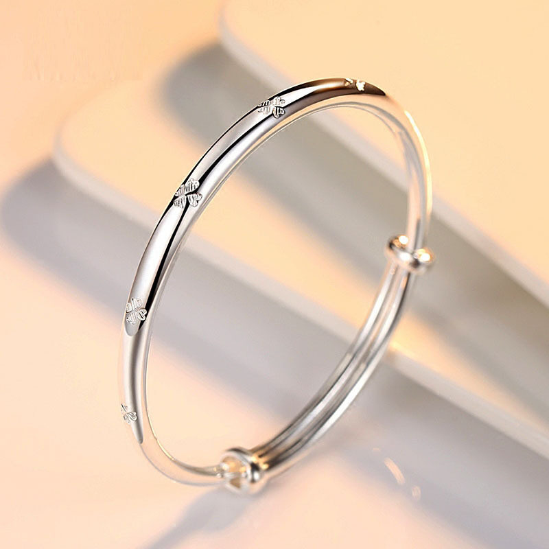 香港正生纯银9999足银 纯银手镯 女式推拉手环光面四叶草 银手饰