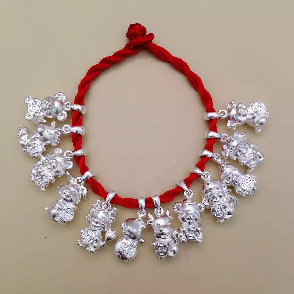 香港正生纯银999足银吊坠马年本命年十二生肖儿童大人红绳项链