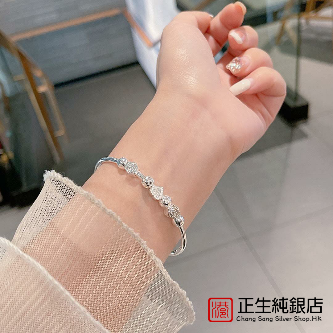 香港正生足银999爱心玫瑰镂空手镯通花圆球银镯子送女友闺蜜礼物