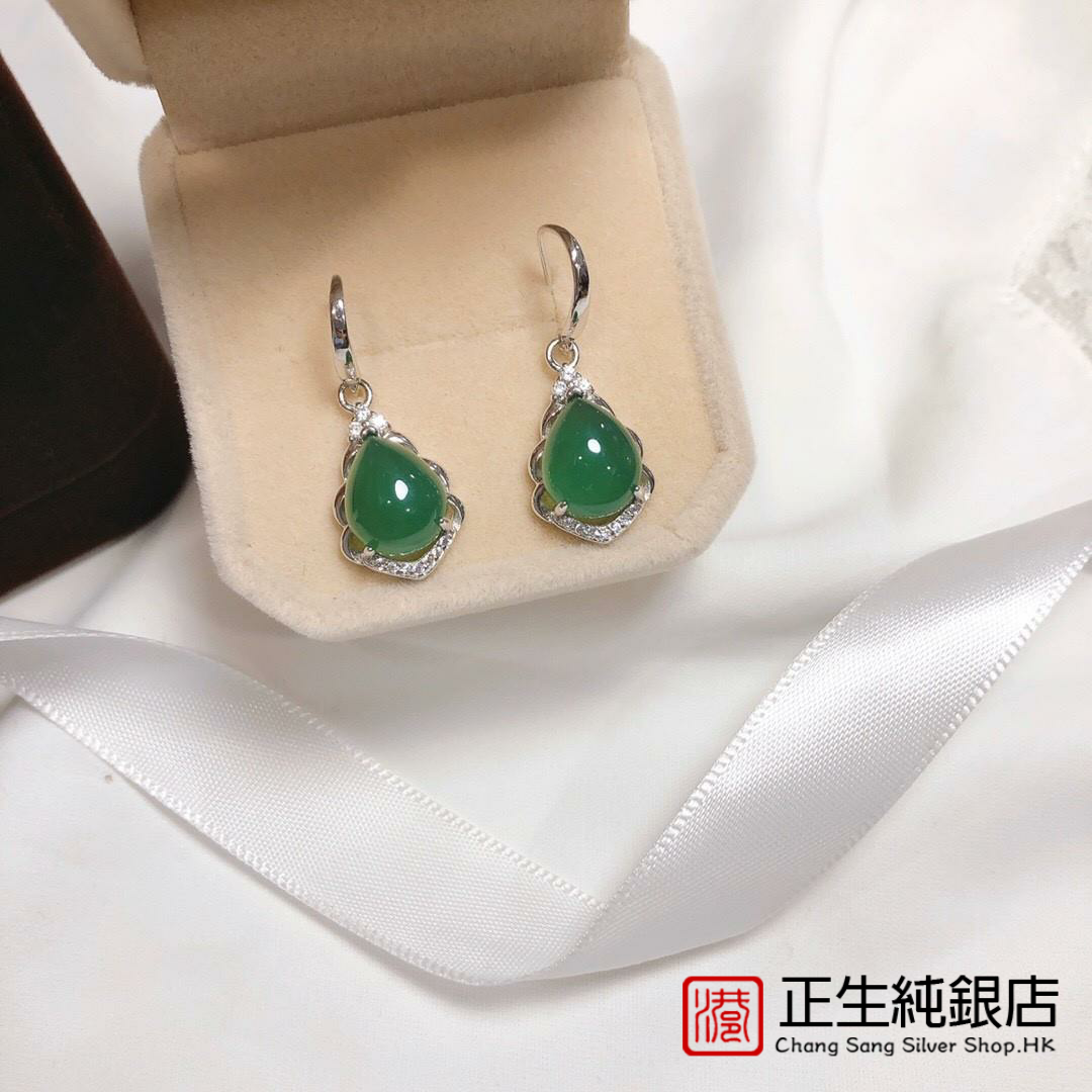 香港正生s925纯绿玉髓耳吊女气质经典简约小巧新款潮轻奢耳环耳饰