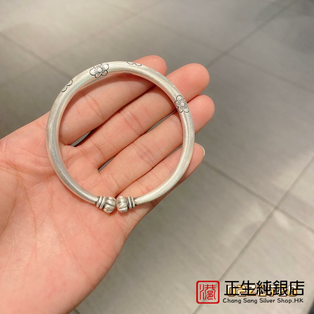 香港正生999足银复古磨砂南瓜头开口手镯女复古民族风纯银镯