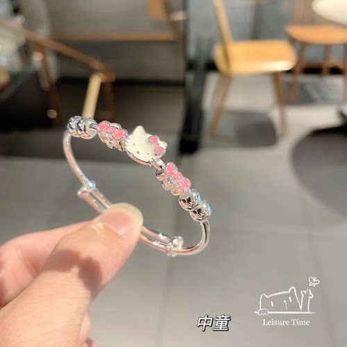 香港正生女纯银可爱kt猫手镯时尚