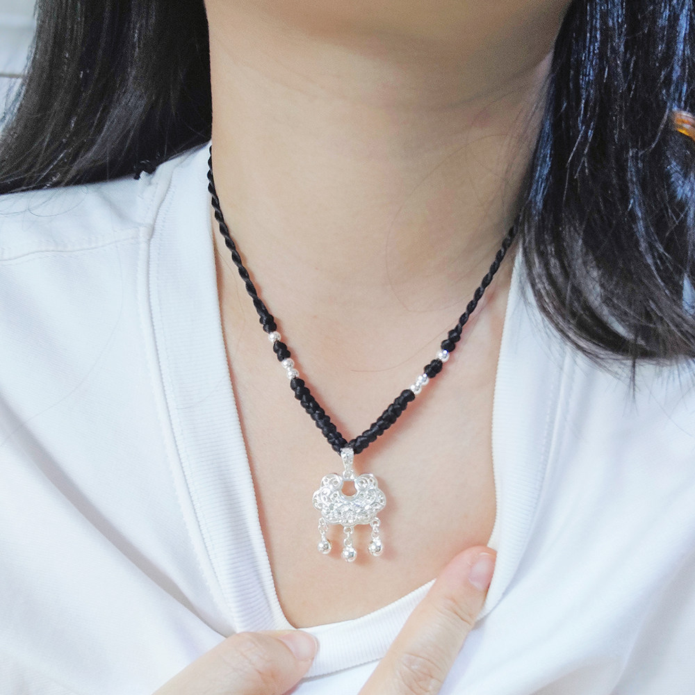 香港正生纯银S999足银锁包长命锁福字大人宝宝婴儿送礼编绳银项链