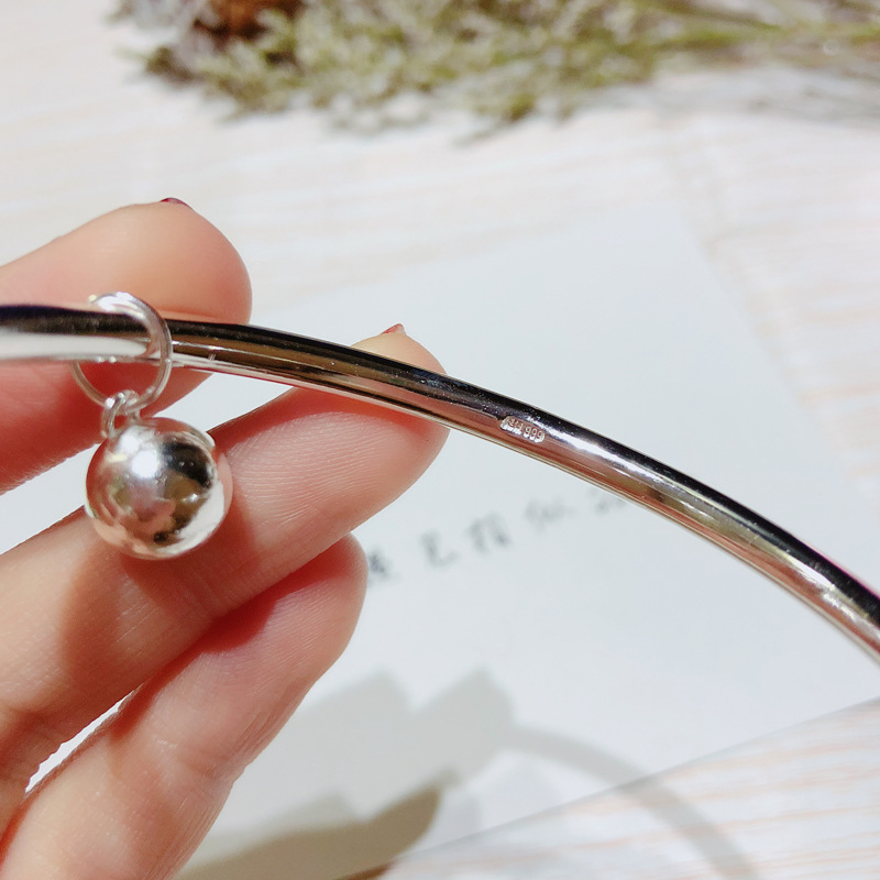 香港正生纯银9999足银闭口圆棍吊光珠手镯成人纯银饰品自然精工送