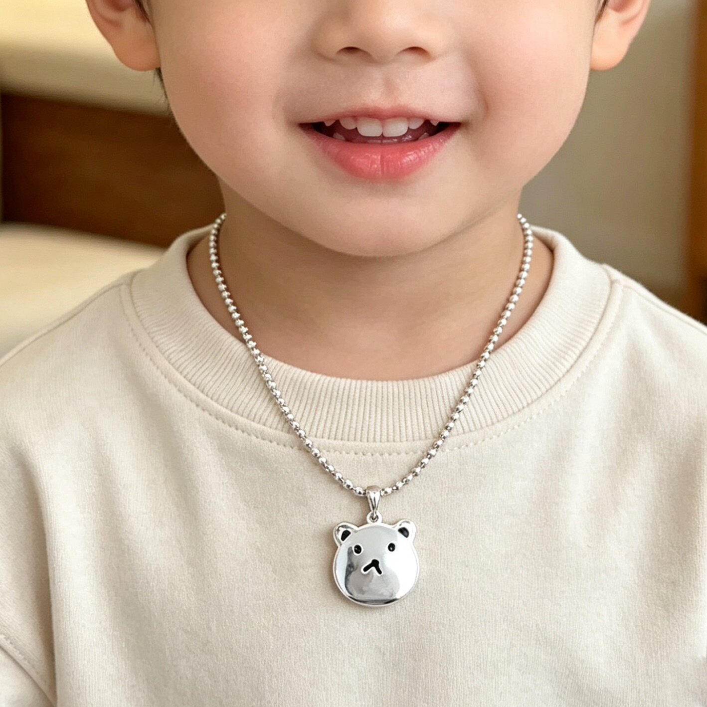 香港正生纯银佛珠小熊情侣亲子女儿童宝宝生日男项链刻字防丢项链