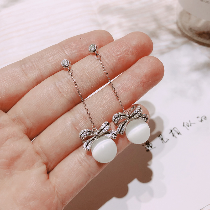 香港正生纯银猫眼石效应耳吊长款925银耳环日韩简约气质耳坠耳饰