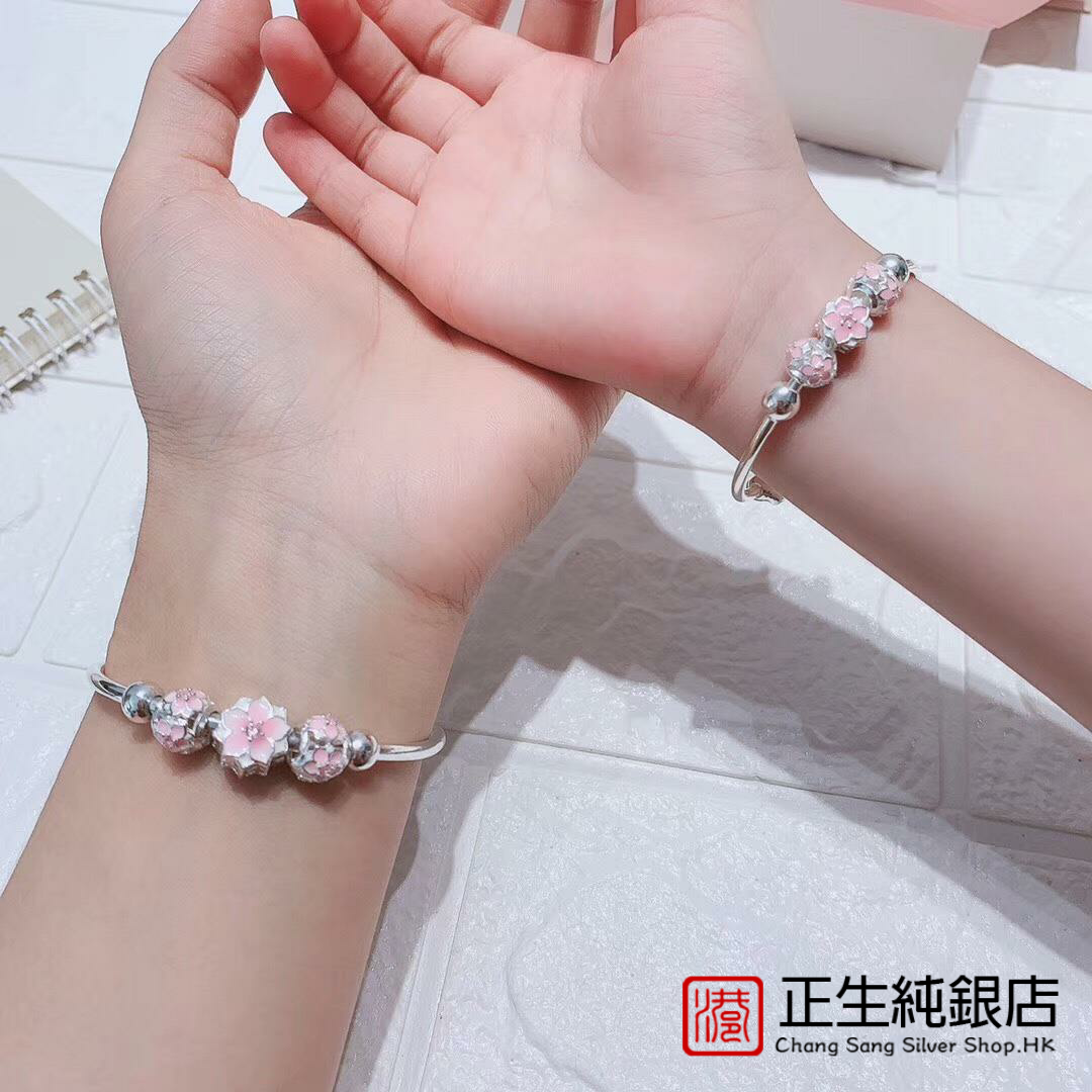 香港正生s999足银桃花亲子手镯女纯银时尚粉色推拉手环送宝宝