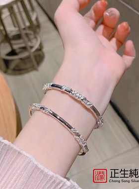 香港正生999纯银繁花手镯女实心小众复古风推拉足银镯子送女友生