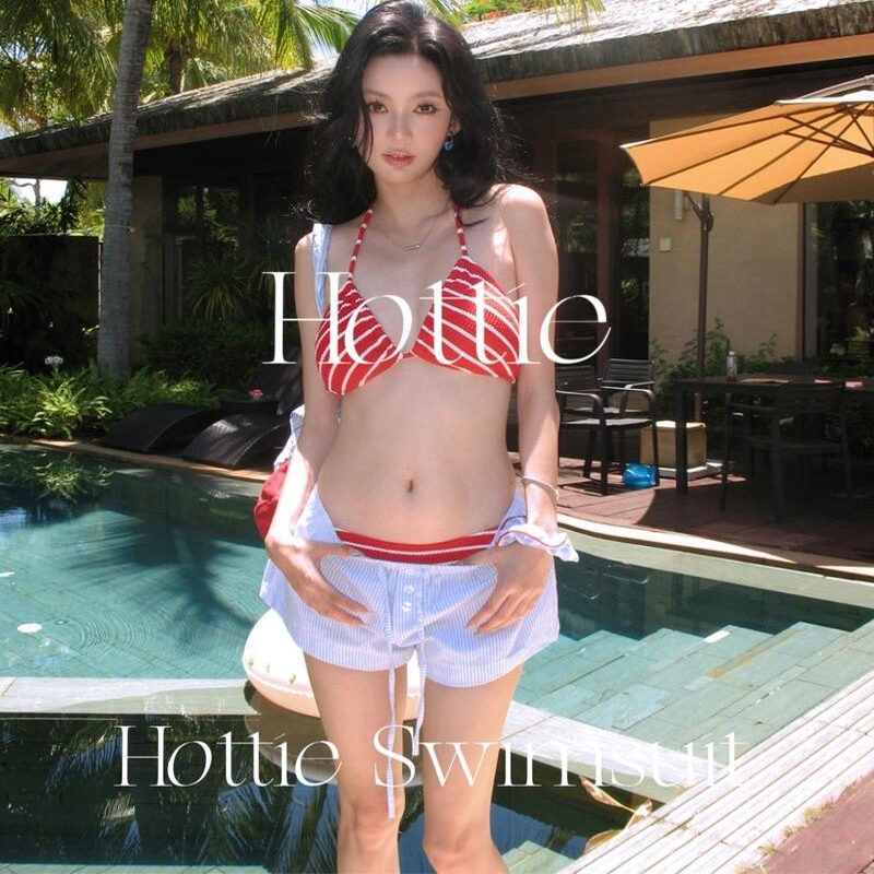 【夏威夷】高级感复古条纹比基尼三件套泡温泉度假海边泳衣女4124