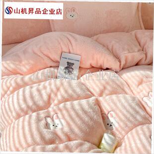 A类牛奶绒四件套长毛绒床笠款羊羔绒珊瑚绒冬季冬W天加绒儿童蓝.