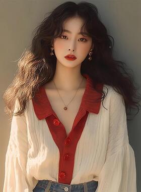 法复古小香风杏色撞色织级开JZT衫外套20针25新款慵懒高感式毛衣