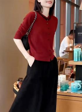 红色长袖针织衫女士02开5新款早秋YRA季修显身瘦2气质针织衫外套
