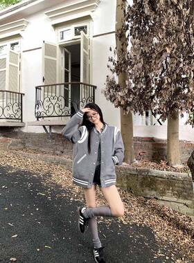 衫灰色美式复球古院风设计LBT感拼接棒服女早春宽松保暖学开外套