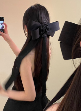 BXA财阀千金~法式黑色玫瑰蝴蝶结飘带弹簧夹头发夹子时尚气质发饰