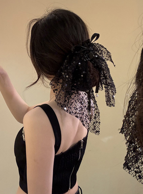 BXA法式黑色蕾丝花边后脑勺抓夹头饰新款高级感气质发饰发卡女